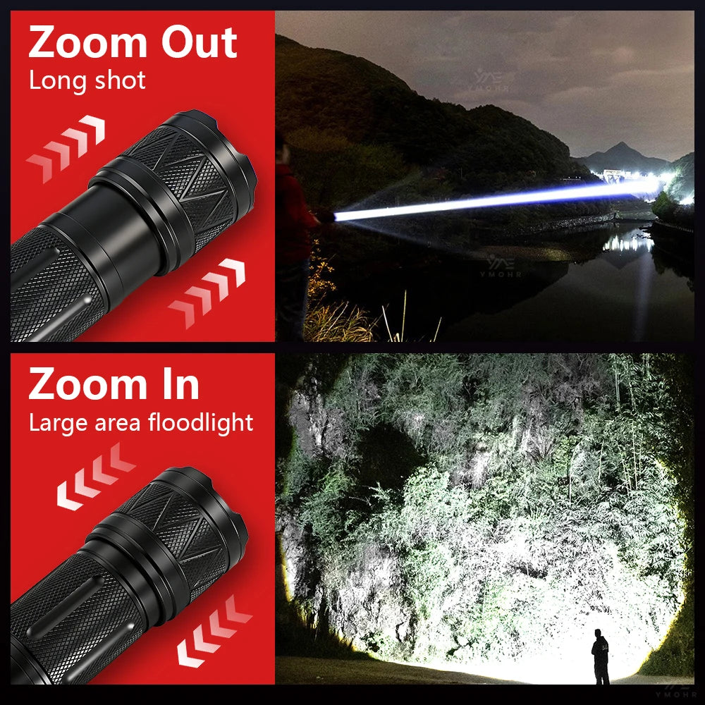 White Laser Handhold Flashlight Tactical Rechargeable LED Flashlight 18650 Battery Power Bank Zoom Torch Outdoor Camping Lantern