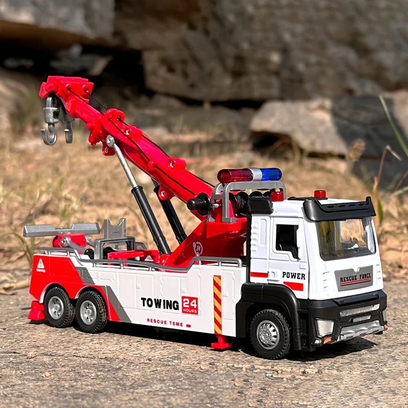 Heavy-Duty Rescue Tow Truck Toy Car w/ Retractable Tow Hook, Realistic Sound & Flashing, Emergency Vehicle Role-Play Kids Gift