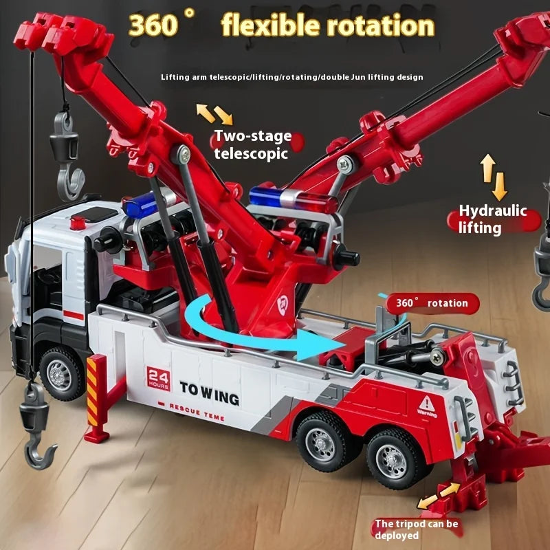 Heavy-Duty Rescue Tow Truck Toy Car w/ Retractable Tow Hook, Realistic Sound & Flashing, Emergency Vehicle Role-Play Kids Gift