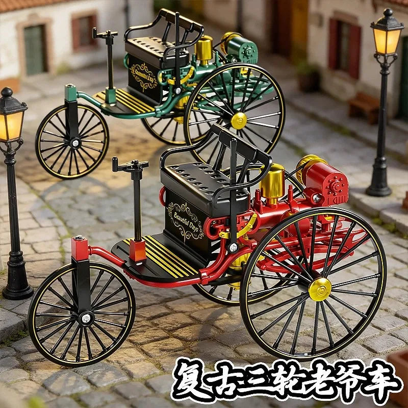 Alloy Retro Tricycle Toy Car Model Classic Simulation Vehicle DIY Assembly Model Rotatable Toy For Children Gift Collection