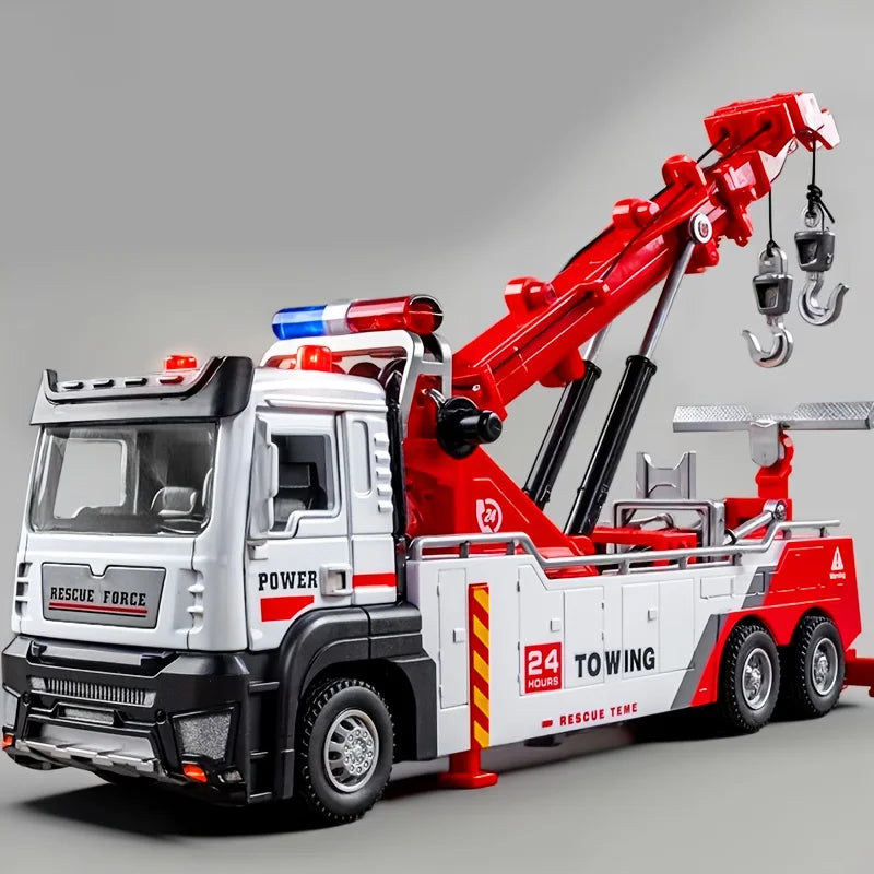 Heavy-Duty Rescue Tow Truck Toy Car w/ Retractable Tow Hook, Realistic Sound & Flashing, Emergency Vehicle Role-Play Kids Gift
