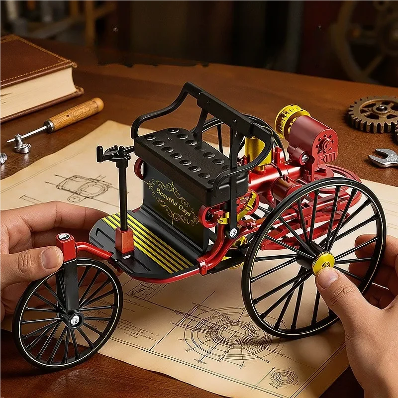 Alloy Retro Tricycle Toy Car Model Classic Simulation Vehicle DIY Assembly Model Rotatable Toy For Children Gift Collection