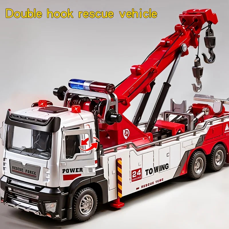 Heavy-Duty Rescue Tow Truck Toy Car w/ Retractable Tow Hook, Realistic Sound & Flashing, Emergency Vehicle Role-Play Kids Gift
